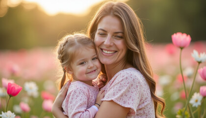 Joyful Mother and Daughter Embrace in Flower Field at Sunset – Captured Moments of Love and Happiness