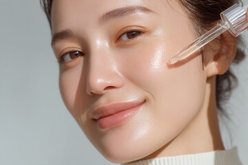 Young Korean woman embraces clean beauty with a radiant skincare routine in soft light