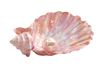 Pink Seashell with Shiny Pearl on White Background