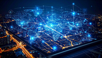 Connected World: A digital representation of global connectivity, showcasing a network of data flowing across the world with glowing points.