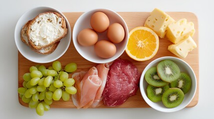 Wooden cutting board with a variety of fruits and meats