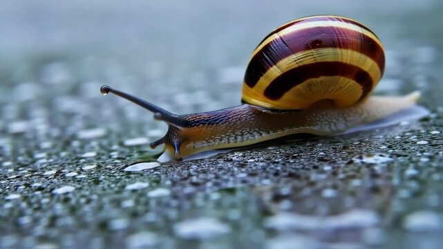 Closeup of a snail crawling on wet rocky surface with detailed shell and slimy body in natural outdoor setting