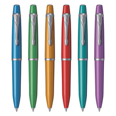 A collection of six colorful pens in blue green orange red teal and purple