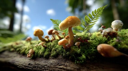 Vibrant forest life thrives on a moss-covered log under the sun