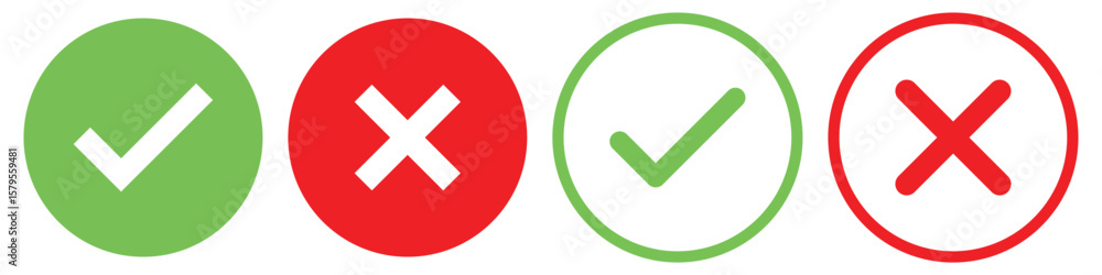 Poster set green approval check mark and red cross icons in circle and square, checklist signs, flat checkm