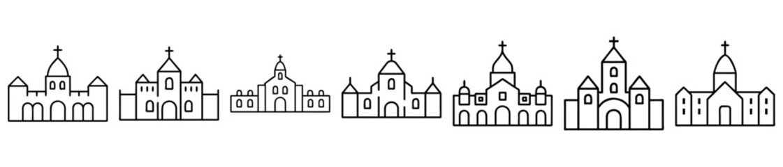 Stylized Silhouette Icons of Churches with Crosses and Various Architectural Styles