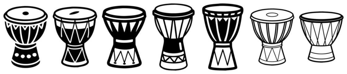 Black and white vector illustration featuring a row of diverse African drums
