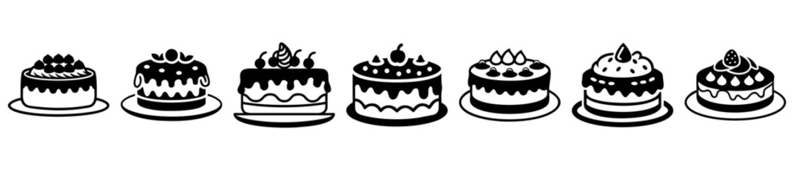 Collection of delightful black and white cake illustrations on white background