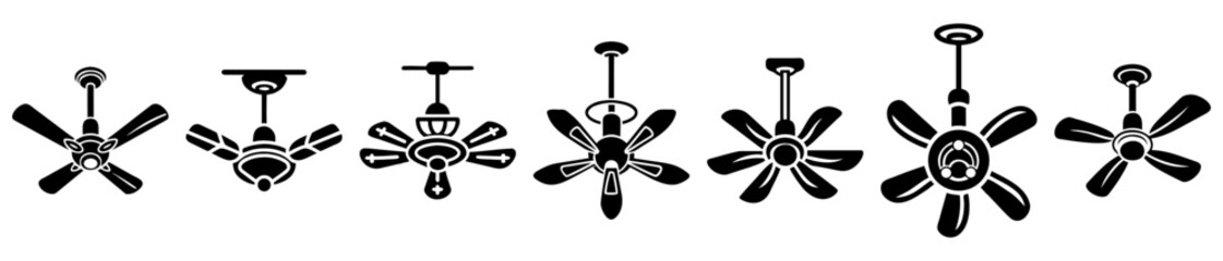 Monochrome illustration of variety of ceiling fans with decorative and varied designs