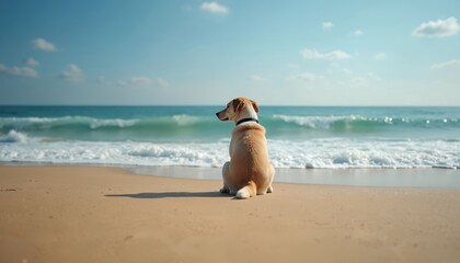 Yellow lab dog sits on sandy beach watching ocean waves. Calm afternoon under clear blue sky. Peaceful scene of pet enjoying nature, relaxation, summer vacation, coastal exploration, scenic seaside.