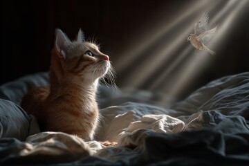 Feline fantasy: cat and holographic bird in sunlit room. Sleepy scene. Feline fun: cats snap selfies when left alone, captured in 10 amusing pics. Artistic cats. Tech toys.