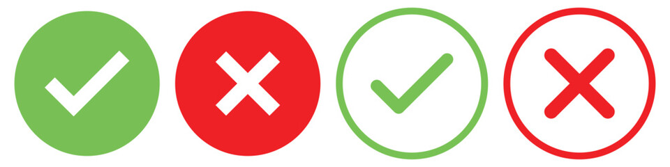 Obraz premium Set green approval check mark and red cross icons in circle and square, checklist signs, flat checkmark approval badge, isolated tick symbols