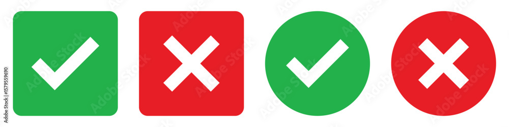 Poster set green approval check mark and red cross icons in circle and square, checklist signs, flat checkm