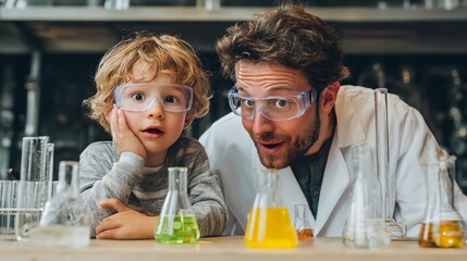 Man and a child are looking at a table with many beakers and test tubes