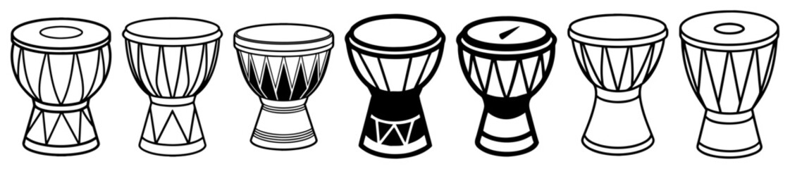 Line art featuring an assortment of ethnic drums in a monochrome setting