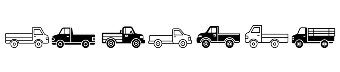 Seven simple cartoon style pickup trucks depicted in black and white