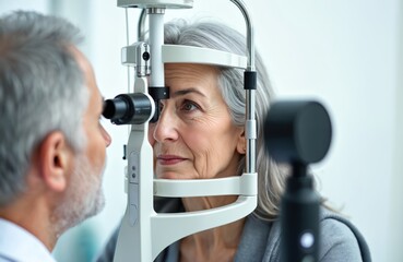 Senior woman receives eye exam using advanced slit lamp in clinic. Pro medical equipment checks vision health. Focus on patient care, diagnostics for eyesight issues like cataracts and glaucoma.