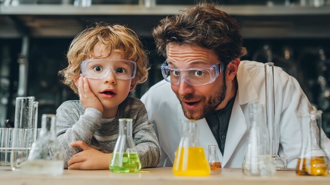 Man and a child are looking at a table with many beakers and test tubes - Powered by Adobe