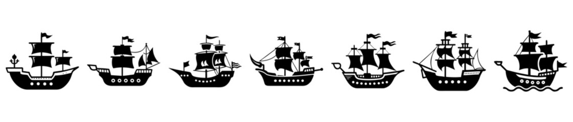 Stylized Silhouette Collection of Sailing Ships and Pirate Ships on the Seas