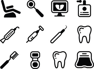 Collection of black and white dental icons representing oral hygiene and dental care