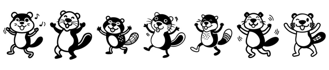 A joyous gaggle of dancing, celebrating beavers illustrated in black and white style