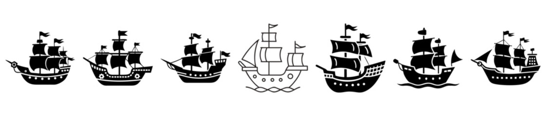 Collection of sailing ships icons, pirate galleons and other vessels isolated on white