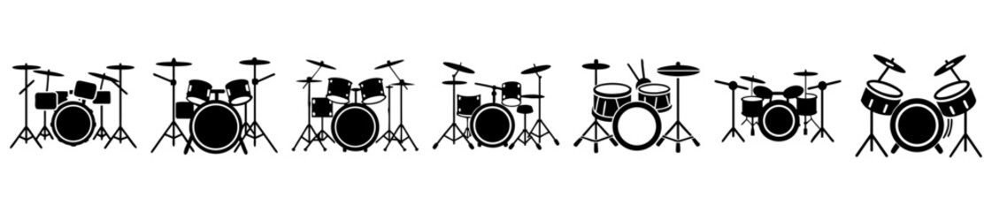 Collection of Silhouette Drum Sets Standing in a Row, Black and White