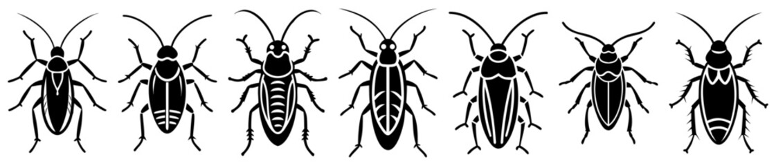 Silhouette of six different kinds of cockroaches in vector format on white