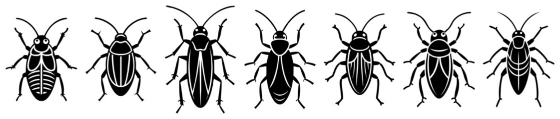 Vector illustration of different cockroach silhouettes in a row on white background