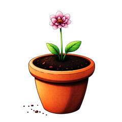Fototapeta premium a cartoon illustration of a pink flower with green leaves in a terracotta flower pot on transparent background