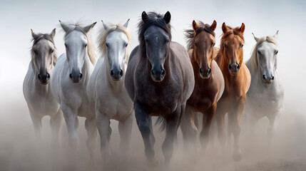 A powerful group of seven wild horses running toward the camera through dusty terrain