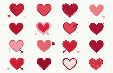 Collection of red and pink heart icons, some pierced by Cupid arrows. Designs include stitched edges and polka dots. Ideal for Valentine Day cards, romantic invitations, or love-themed graphics.