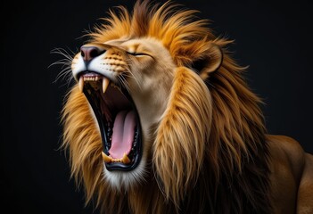 Naklejka premium Fierce Majestic Roaring Lion Portrait in High Detail Depicting Strength, Wild Power, and Animal Kingdom Dominance with Roar Expression