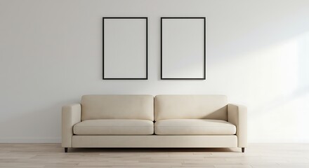 Cream-colored sofa positioned beneath two framed, blank posters on a white wall, bathed in natural light.