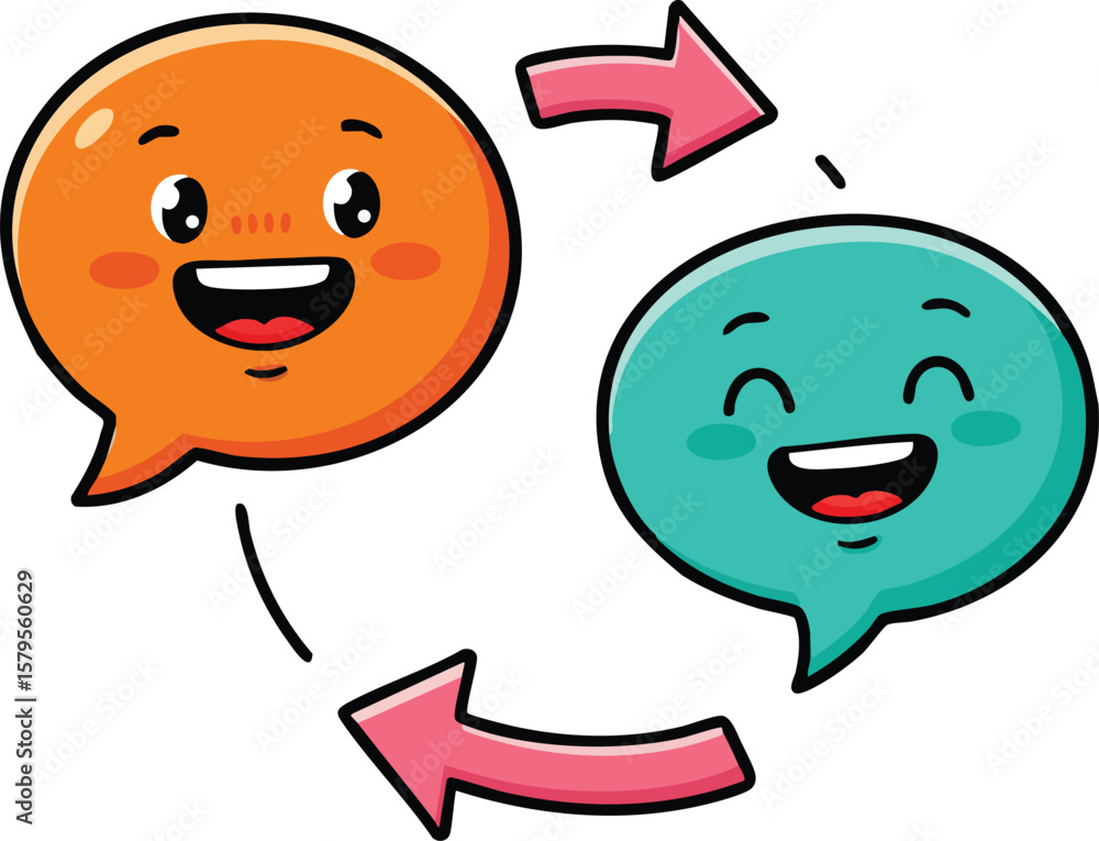 Poster happy chat bubbles with arrows showing communication and message exchange in colorful vector illustr