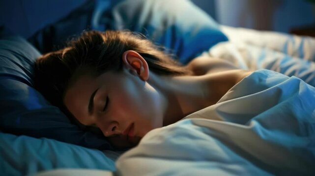 A woman is sleeping on a bed with a blue pillow. She is wearing a white blanket. The room is dark and quiet