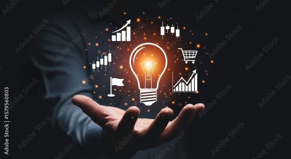Poster hand presenting a lightbulb with business icons and glowing particles on a dark background design