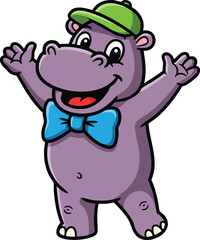 Obraz premium Happy cartoon hippo wearing green cap and blue bow tie with open arms vector illustration 