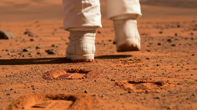 Astronaut's boots leaving footprints on the red Martian surface, symbolizing space exploration, scientific discovery, and the human quest for Mars.
