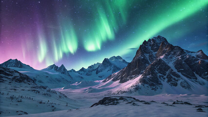 Majestic aurora borealis illuminates snow covered mountains under a starry night sky