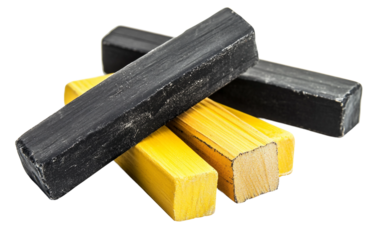 Blackboard eraser and multiple white chalk sticks arranged together for classroom teaching setup isolated on transparent background PNG