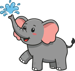 Fototapeta premium Cute baby elephant spraying water with trunk cartoon vector illustration in playful style 