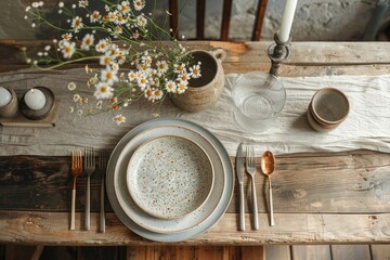 Rustic dining table with ceramic plates, linen runner, candles and wildflowers. Cozy, simple atmosphere for gatherings, holidays or everyday life. Top view