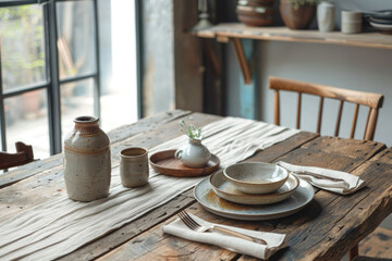 Simple eco style interior of country kitchen with set table, plates, knife, fork, canvas tablecloth, dining table against window, sunlight, kitchen decor