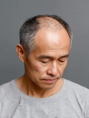 Fototapeta premium Close-up of elderly korean man showing early stage hair thinning on top of head