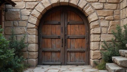 Fototapeta premium Rustic wooden double door set into stone wall in ancient town. Features intricate carvings, weathered wood, iron hardware, detailed craftsmanship. Antique doorway represents historical architecture,