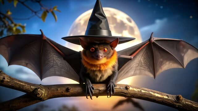 Adorable bat wearing a witch hat, perched on a branch, with a full moon