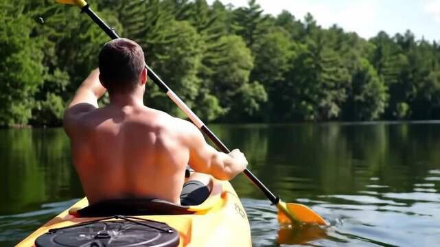 Man paddling a yellow kayak on a calm lake surrounded by lush green trees, enjoying outdoor recreation, peace, and nature.