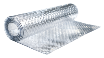 Close up shot of a shiny silver insulation roll with a textured pattern on a white background