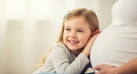 Naklejka premium Happy little girl listens to pregnant belly, symbolizing new sibling joy.